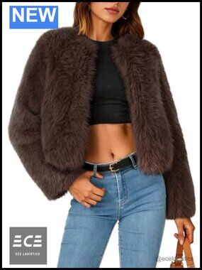 ZESICA Faux Fur Cropped Jacket Fluffy Winter Coat Hook Closure